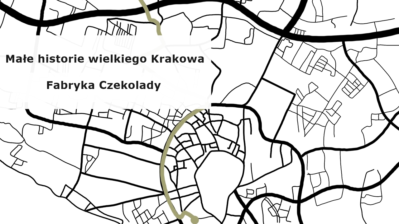czarno-biała grafika, fragment uproszczonej mapy Krakowa z czarną siecią ulic
