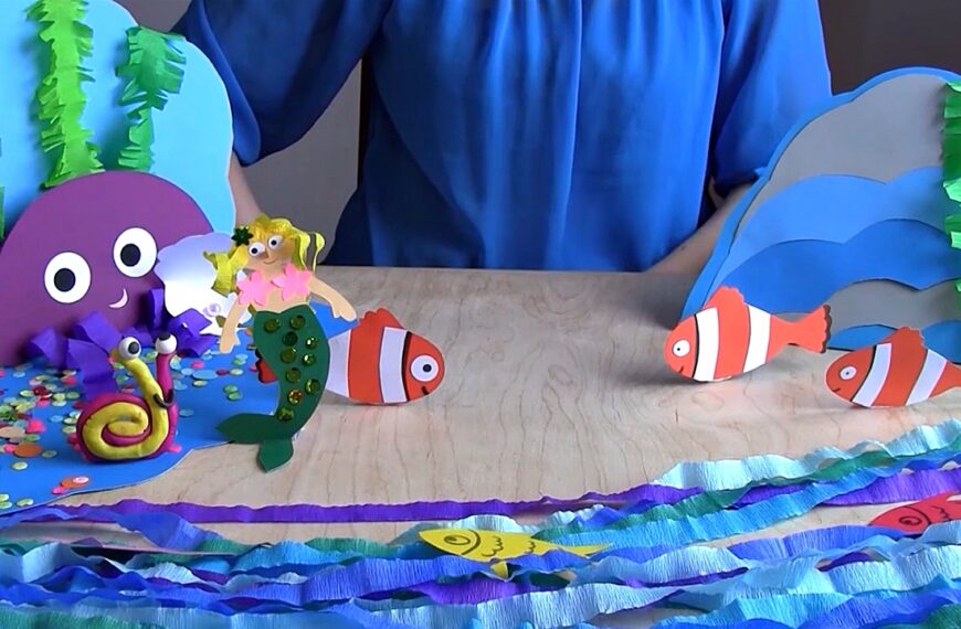 Kadr z bajki podróż do papierowej krainy. Papierowy teatrzyk o tematyce morskiej